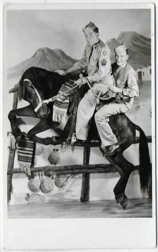 (4777) Old Rppc 2 Soldiers Pose Riding On A Stuffed Bucking Bronco Horse