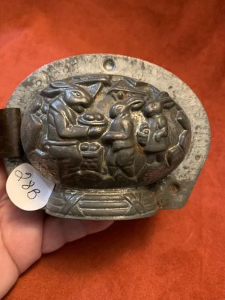 Easter Chocolate Candy Metal Molds Vintage Egg With Rabbits Chasing Rooster