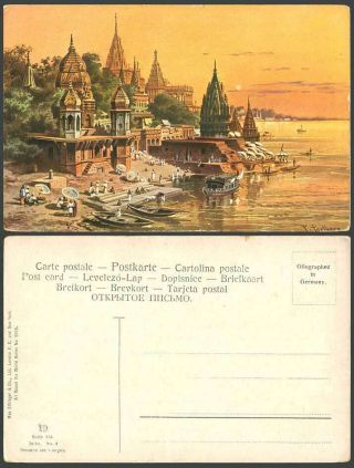 India F.  Perlberg Artist Signed Old Postcard Benares Am Ganges River Scene Boats