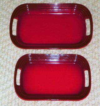 2 Le Creuset Cerise Red Stoneware Handled Trays 12 " /14 " Serving Platters France