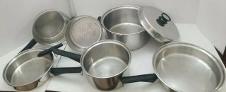 Set Amway Queen 18/8 Stainless Steel Cookware Pots Pans U.  S A.  7 Pc.  & Strainer