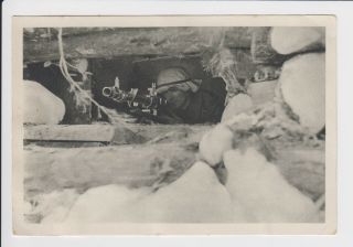Ww2 German Post Card Of A Machine Gunner In The Winter In His Nest.