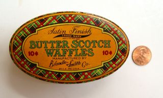 Gorgeous 1920s Satin Finish Butter Scotch Waffles 10 - Cent Candy Advertising Tin