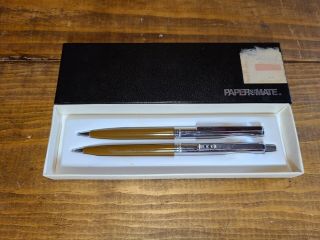 Paper Mate Pen And Pencil Set 1979 Rare Brown & Chrome Double Heart Usa