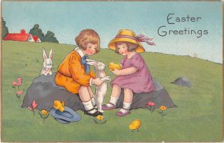 Adorable Children Playing With Chicks & White Bunnies - Old Art Deco Easter Pc
