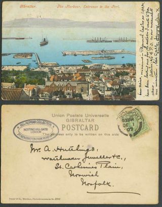 Gibraltar 1907 Old Colour Postcard Harbour Entrance To Port Ships Piers Panorama