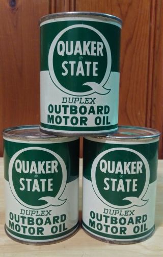 Three Vintage Cans Of Quaker State Duplex Outboard Motor Oil