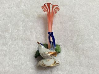 Bimini Austria Art Glass Flower Vase / Porcelain Bird Place Card Holder