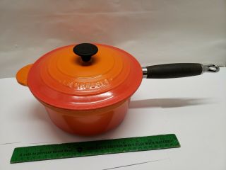 Le Creuset 20 Orange Enamel Cast Iron Sauce Pan Wlid Black Hndle 2.  5 Quart Pot