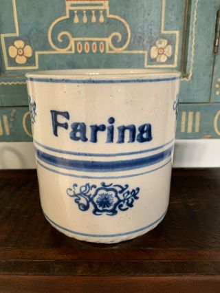 Antique Blue White Farina Stoneware Canister Stick Stencil Flowers & Stripes