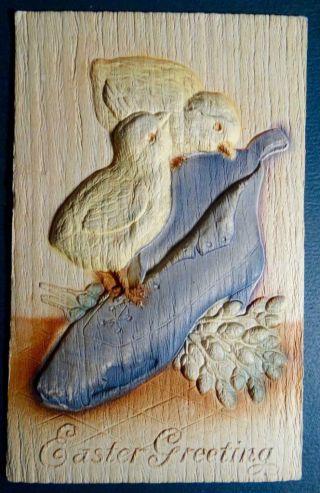 Postcard - Easter Greeting - Pressed Wood Chicks With Old Shoe 1916