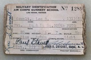 Wwii Us Army Air Corps Identification Card Gunnery School Las Vegas Nv