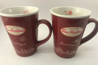 Set Of 2 Tim Horton Coffee Mugs Limited Edition 2010 Canada Maple Leaf Skyline