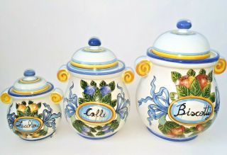 Set Of 3 Biscotti Coffer Sugar Jars Italy Ceramic Hand Painted Canister Pottery