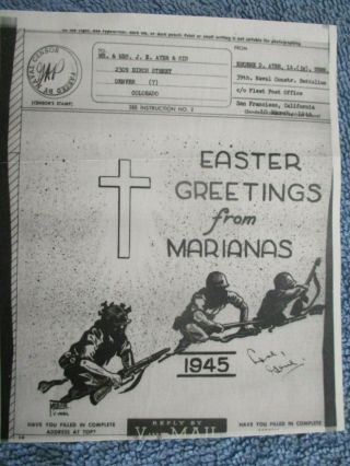 Orig Seabee V - Mail 39th Construction Battalion Easter Greetings From Marianas