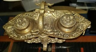 Ornate Victorian Style Heavy Brass Double Ink Well