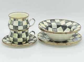 8 Piece 2 Setting Mackenzie - Childs Courtly Check Enamel 4 Plates 2 Cups 2 Bowls