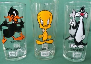 Set Of 3 Vintage Looney Tunes Drinking Glasses Tweety Sylvester Daffy/pepsi