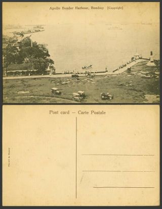 India Old Postcard Apollo Bunder Harbour,  Bombay,  Vintage Motor Cars Ships Boats