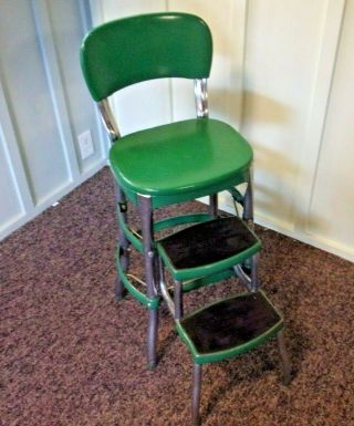 True Vintage Cosco Green And Chrome Kitchen Chair Step Stool W/ Slide Out Steps