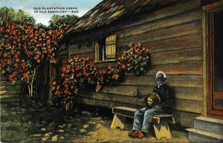 Antique Postcard Old Plantation Cabin Kentucky Black Man Sits On Bench C1940