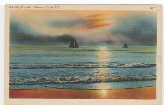 Coney Island,  Ny Postcard Vintage Ocean Twilight Sail Boat Sailing Sailboat Old