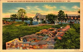 Linen Postcard - Lake Champlain Bridge From Old Fort St.  Ruins,  Frederic,  Ny Bk20