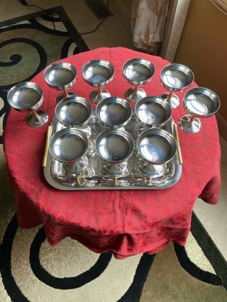 Set Of 12 Inox 18/10 Made In Italy Metal Ice Cream Dish Bowl/champagne & Tray