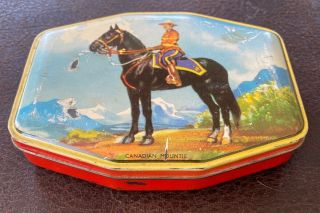 Antique George Horner Tin Candy Tin Box Canadian Mountie 5.  5x4”