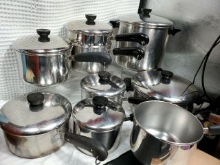 Vintage 16 Pc Set Revere Ware Cookware 1801 Stainless Stock Pot Saucepans