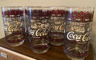 Vintage Coca - Cola Tiffany Style Stained Glass Drinking Glasses Set Of 6