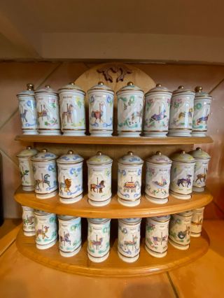 1993 Lenox China Spice Rack Carousel With Complete Set Of 24 Jars & Wooden Rack