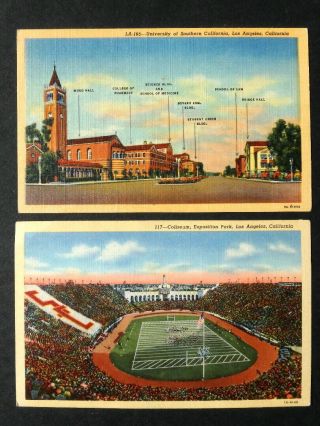 2 Old Postcards: Usc / University Of Southern California Views 1940s Era