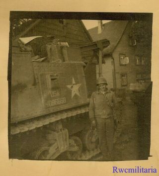 BEST US Soldier Posed on Street by Armored Recovery Vehicle; 1945 2