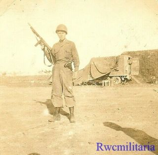 Gangster Pose By Helmeted Us Soldier Posed Holding Thompson Sub - Mg