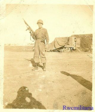 GANGSTER Pose by Helmeted US Soldier Posed Holding Thompson Sub - MG 2
