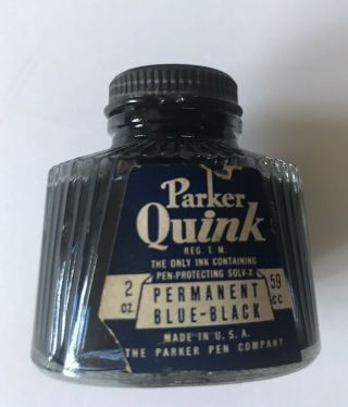 Vintage Parker Quink 2 Oz Full Bottle Permanent Blue - Black Ink