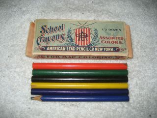 Vintage American Lead Pencil Co.  Set Of 6 School Crayons For Map Coloring 1920s