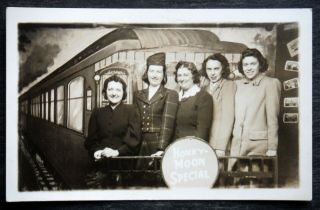 Old Real Photo Postcard 5 Women In Studio With Honeymoon Special Train Backdrop