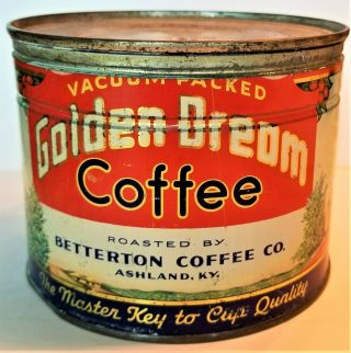 Vintage Golden Dream Tin - Old Key Wind Coffee Can - 1 Lb - Antique Tin
