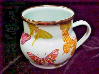 (4) Mackenzie Childs Sky Blue Butterfly Garden Enamel Coffee Cup Mug