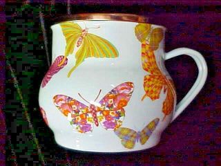 (4) MacKenzie Childs SKY BLUE Butterfly Garden Enamel COFFEE CUP MUG 2