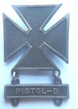 Wwii Us Army Pin Back Sterling Silver Marksman Badge & Pistol - D Bar [ G