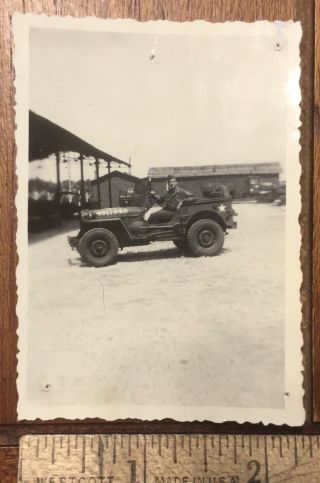 Wwii Album Photo Soldier Smoking Pipe Sitting In Army Willys Ford Jeep
