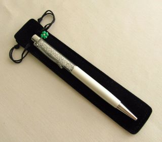Swarovski Crystalline White Ballpoint Pen W/4 Green Leaf Clever Charm & Pouch