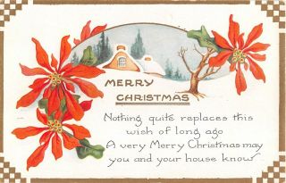 Poinsettias By Snowy Home Scene On Old Art Deco Whitney Christmas Postcard