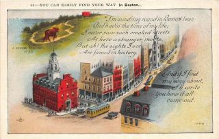 Boston Massachusetts 1920 - 30s Postcard Find Your Way Old State House Streetcar