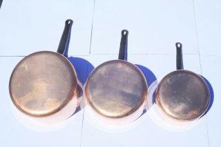 Heavy VINTAGE Copper Saucepan Set 3 Tin Lined With Cast Iron Handles 7.  3lbs 2mm 3