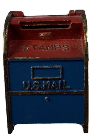 Vintage Die Cast Us Mail Box Stamp Holder Blue And Red Made In Japan