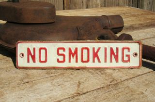 Vintage No Smoking Sign,  Old Metal Gas Station,  White W Red Embossed Lettering